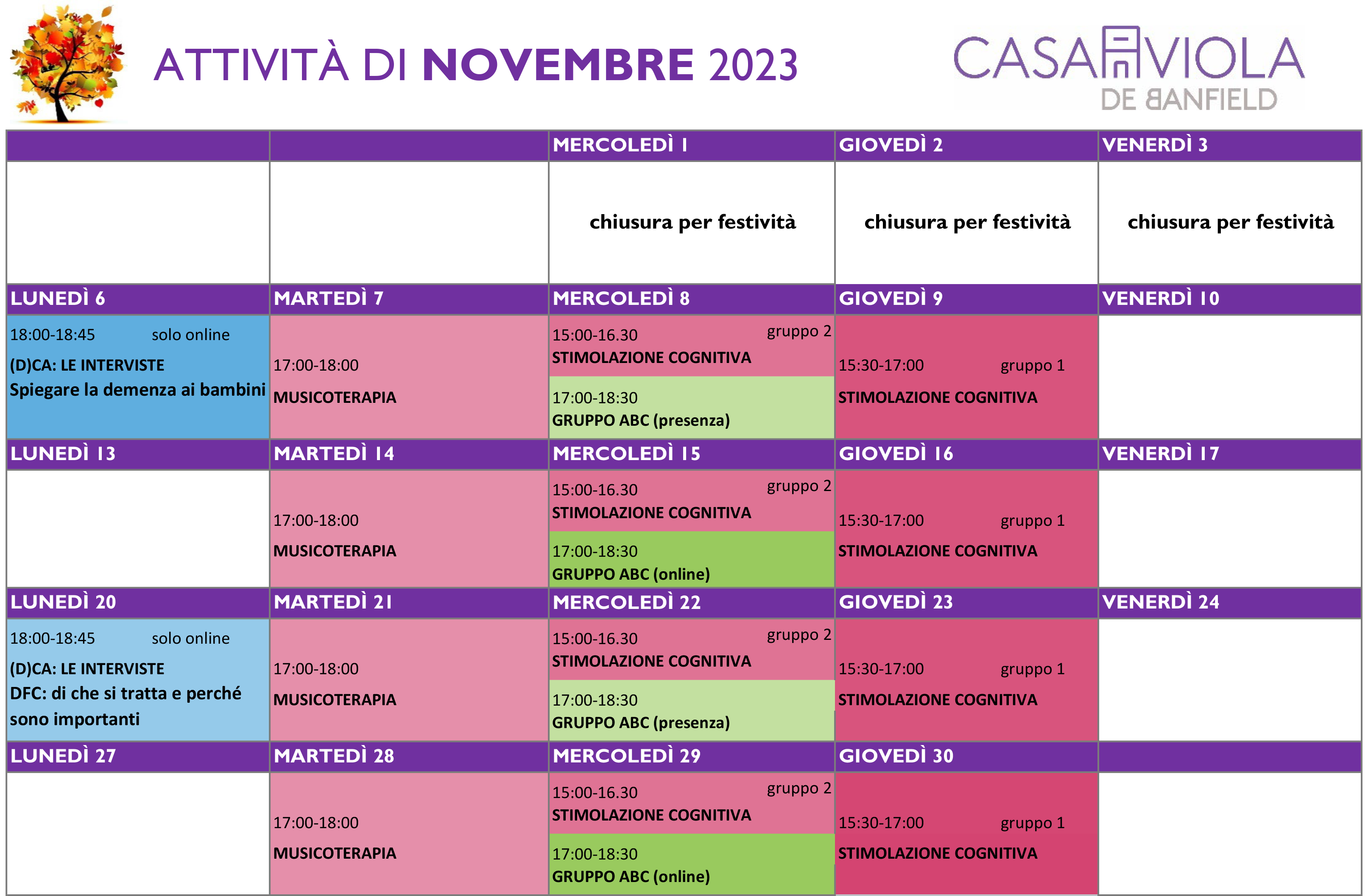 Il calendario di CasaViola per novembre 2023 con le attività per i caregiver di persone con demenza