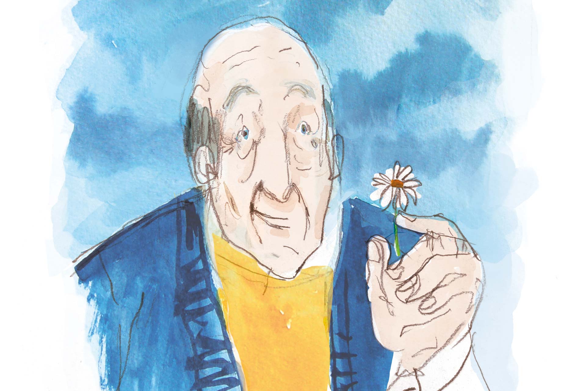 Illustrazione stile acquarello di uomo anziano porge un fiore in gesto di dono - beneficenza a Natale